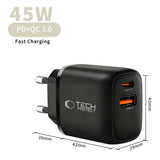 Tech-Protect Vægoplader m. 1 x USB-A / 1 x USB-C / 1 x USB-C til USB-C Kabel - 45W - Sort