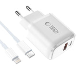Tech-Protect Vægoplader - Lightning Kabel - 1 x USB-C & 1 x USB-A - 45W - Hvid