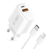 Tech-Protect Vægoplader - Lightning Kabel - 1 x USB-C & 1 x USB-A - 45W - Hvid