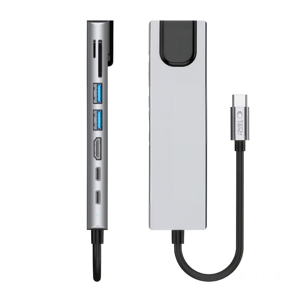 Tech-Protect 8-i-1 USB-C Multiport Adapter med 1 X SD/TF Kortlæser 2 X USB-A 1 X HDMI 2 X USB-C 1 X RJ45 - Grå