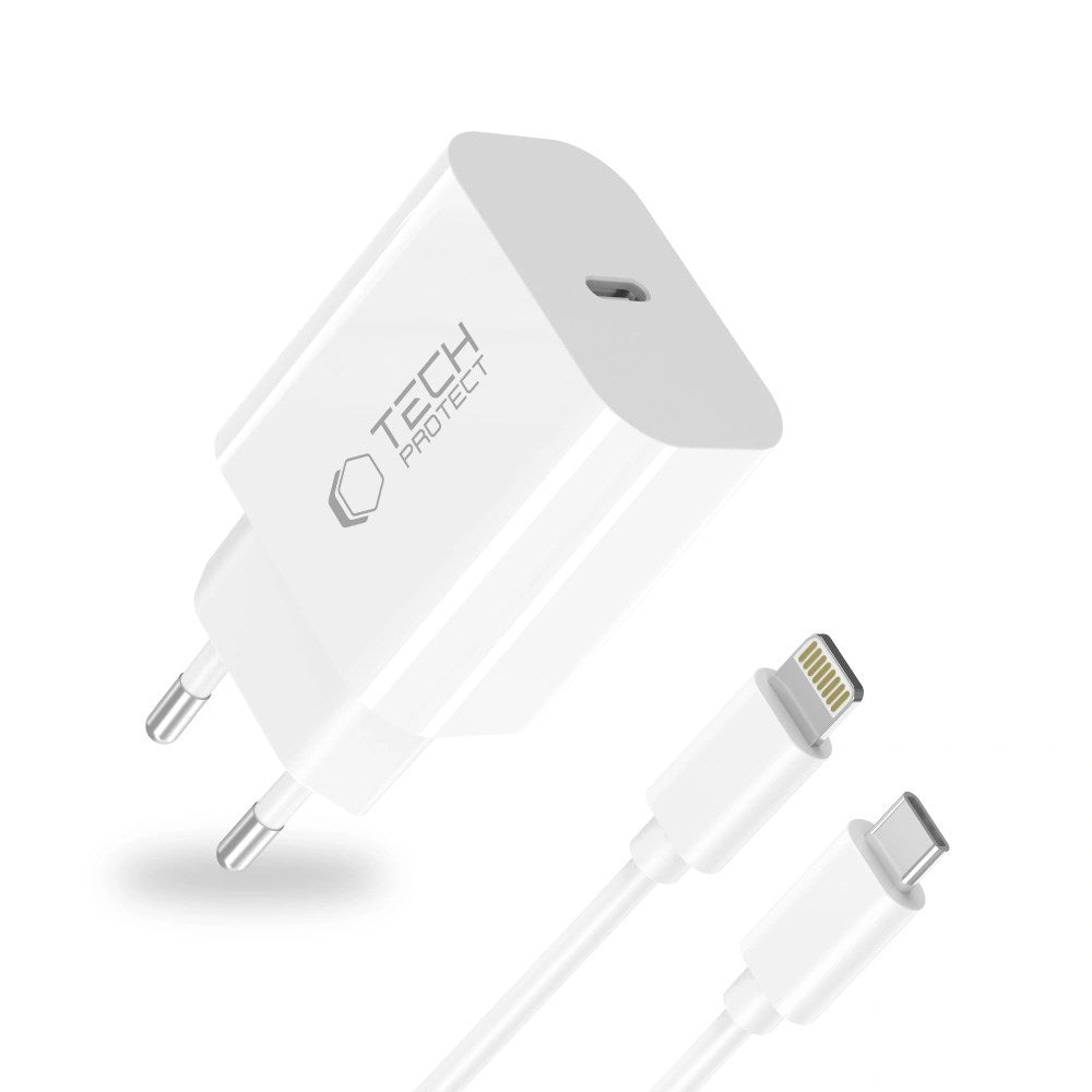 Tech-Protect - 20W Vægoplader m. 1 x Lightning Kabel - Hvid