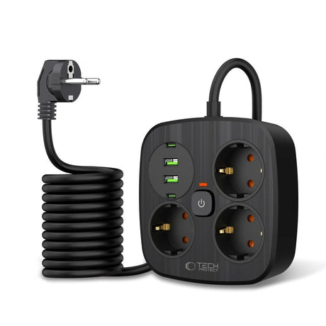 Tech-Protect Strømskinne m. 3 x Udtag / 2 x USB-A / 2 x USB-C (2m) - Sort