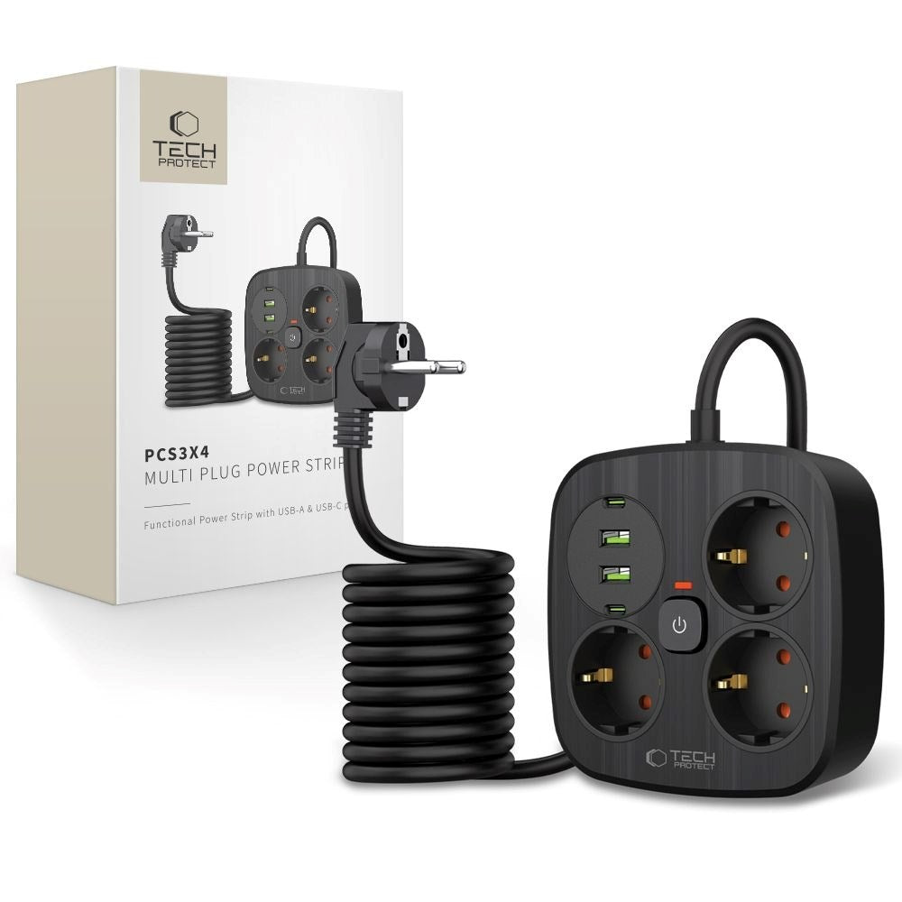 Tech-Protect Strømskinne m. 3 x Udtag / 2 x USB-A / 2 x USB-C (2m) - Sort