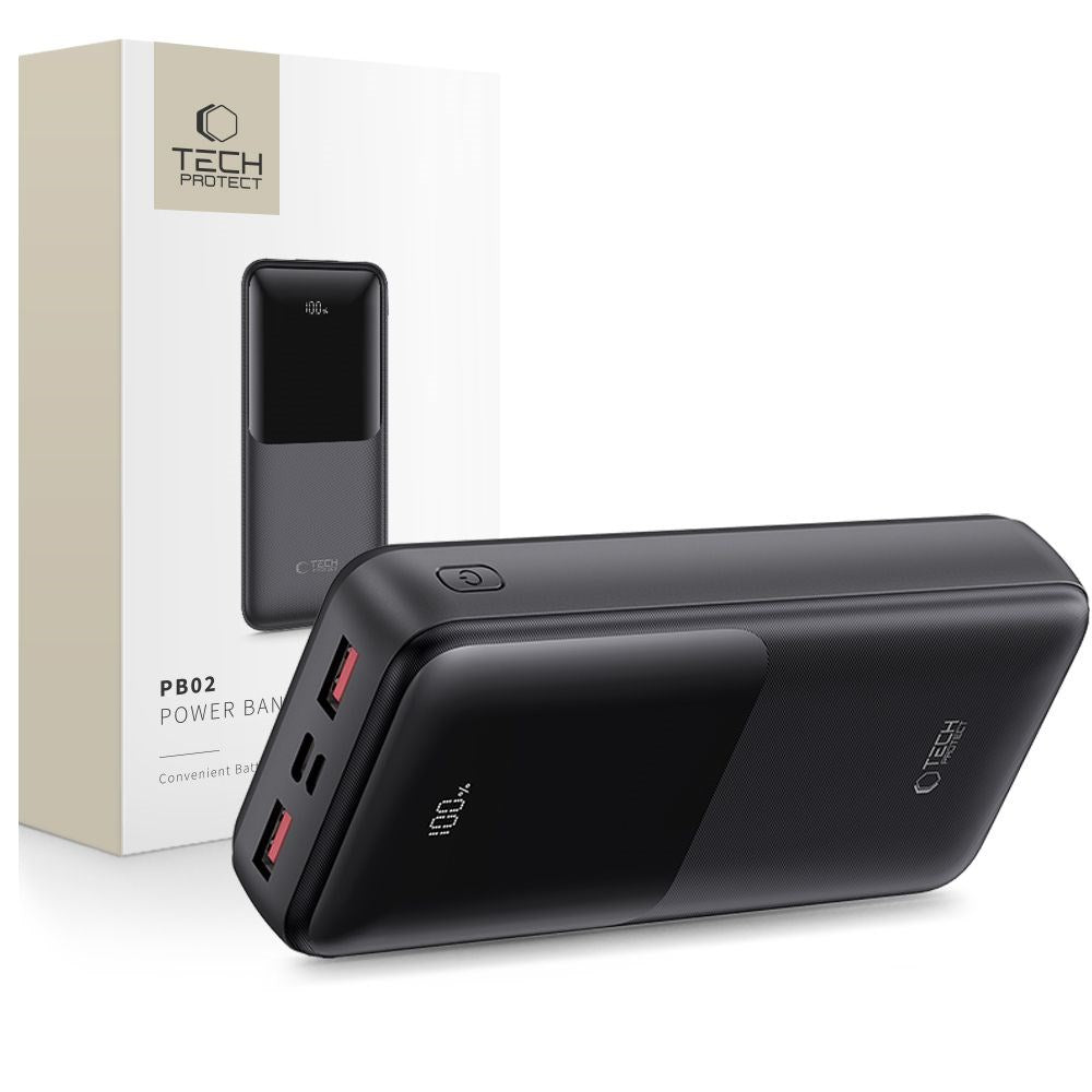 Tech-Protect Powerbank 20000mAh – Hurtiglading med 22,5W – Svart