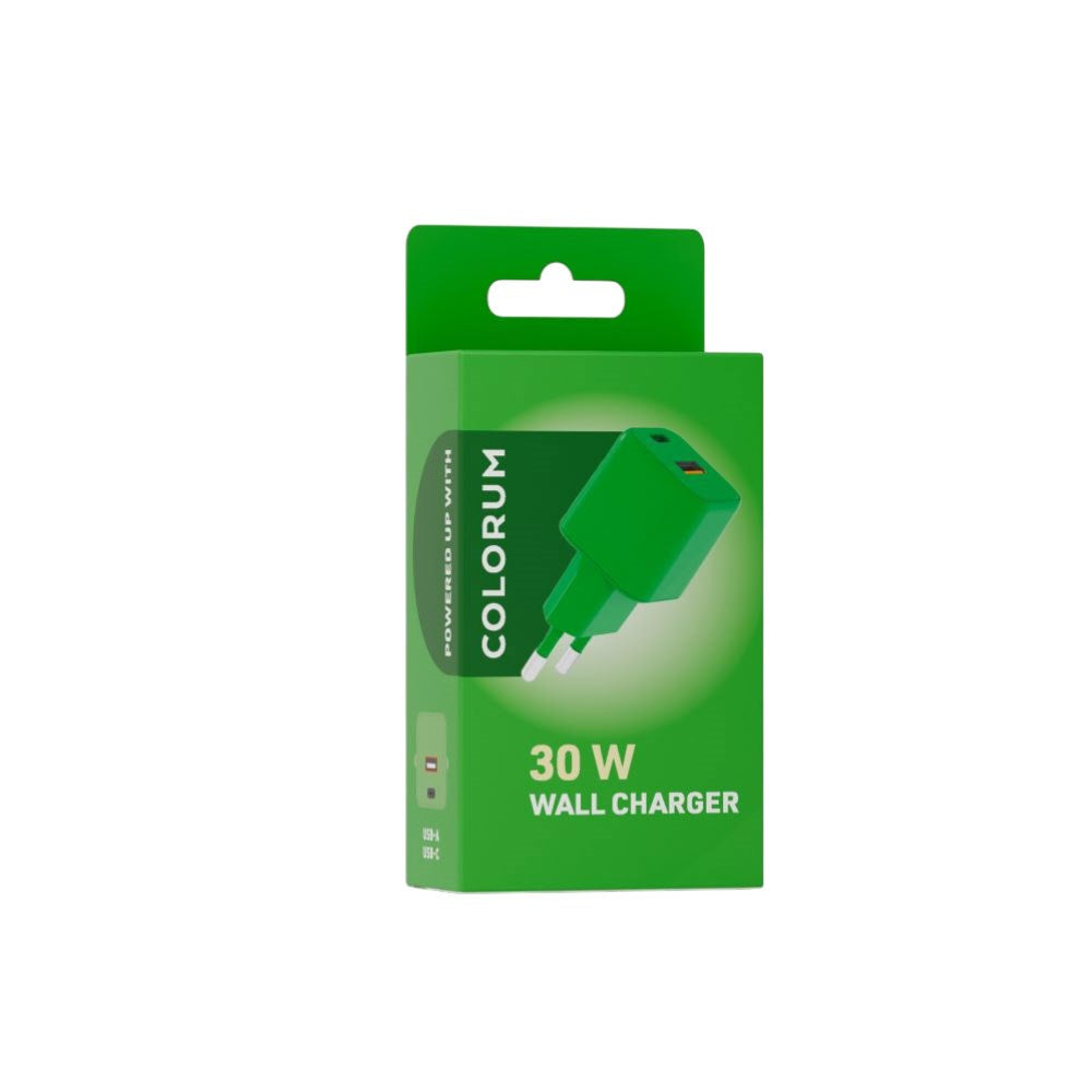 Colorum Vægoplader - 1x USB-A & 1x USB-C / 30W - Green