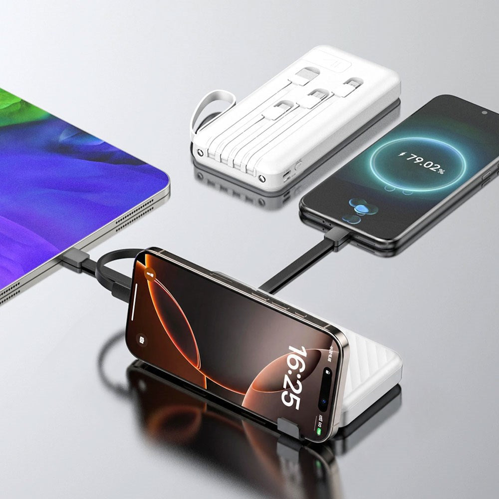 Wozinsky Powerbank - 10.000mAh - Lommelygte - Udtrækkelige Kabler - Hvid