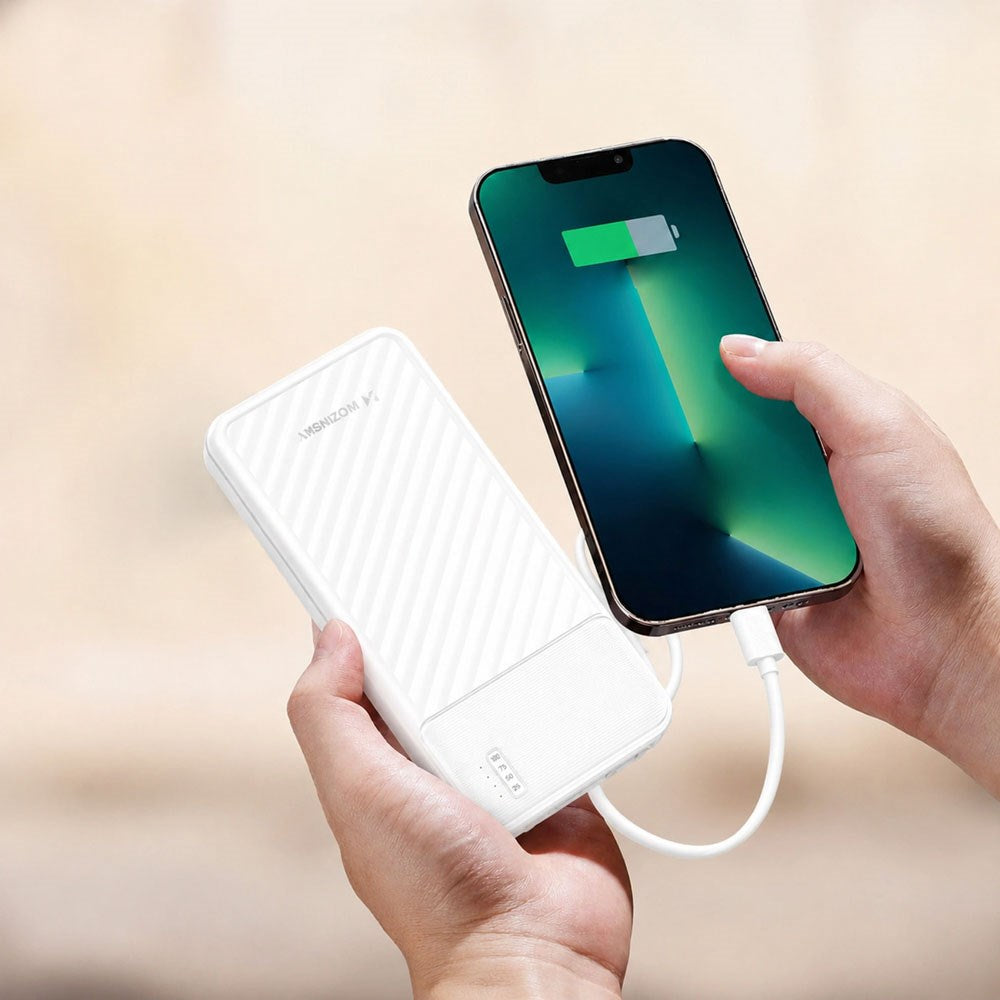 Wozinsky Powerbank - 10.000mAh - Lommelygte - Udtrækkelige Kabler - Hvid