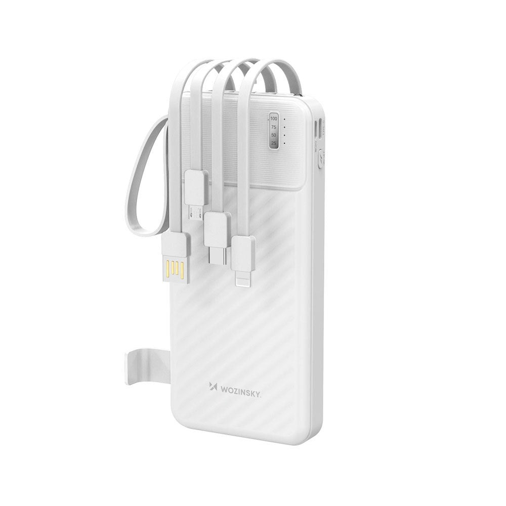 Wozinsky Powerbank - 10.000mAh - Lommelygte - Udtrækkelige Kabler - Hvid