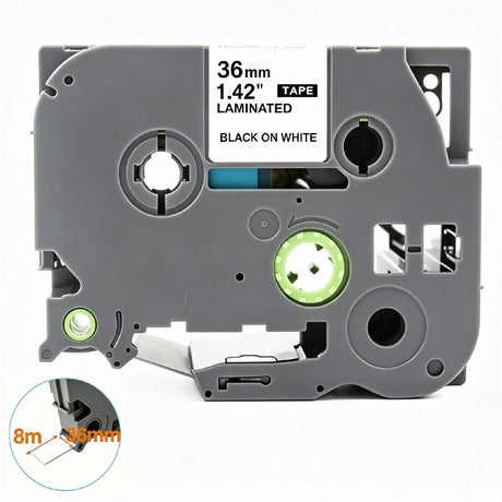 Label Tape Kassette 8 meter Lamineret Kompatibel med Brother P-Touch labelprintere Sort på Hvid - 36mm