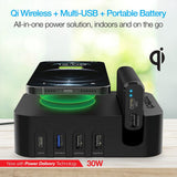Naztech Docking Station 65W m. Trådløs Oplader, 3 x USB-A, 1 x USB-C, 1 x 4000mAh Powerbank & 20W Vægoplader - Sort