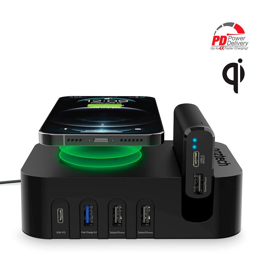 Naztech Docking Station 65W m. Trådløs Oplader, 3 x USB-A, 1 x USB-C, 1 x 4000mAh Powerbank & 20W Vægoplader - Sort