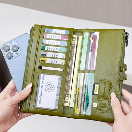 Mobil lommebok i kunstskinn med kortholdere og glidelåslommer (maks. mobil: 185 x 95 x 20 mm) - Grønn
