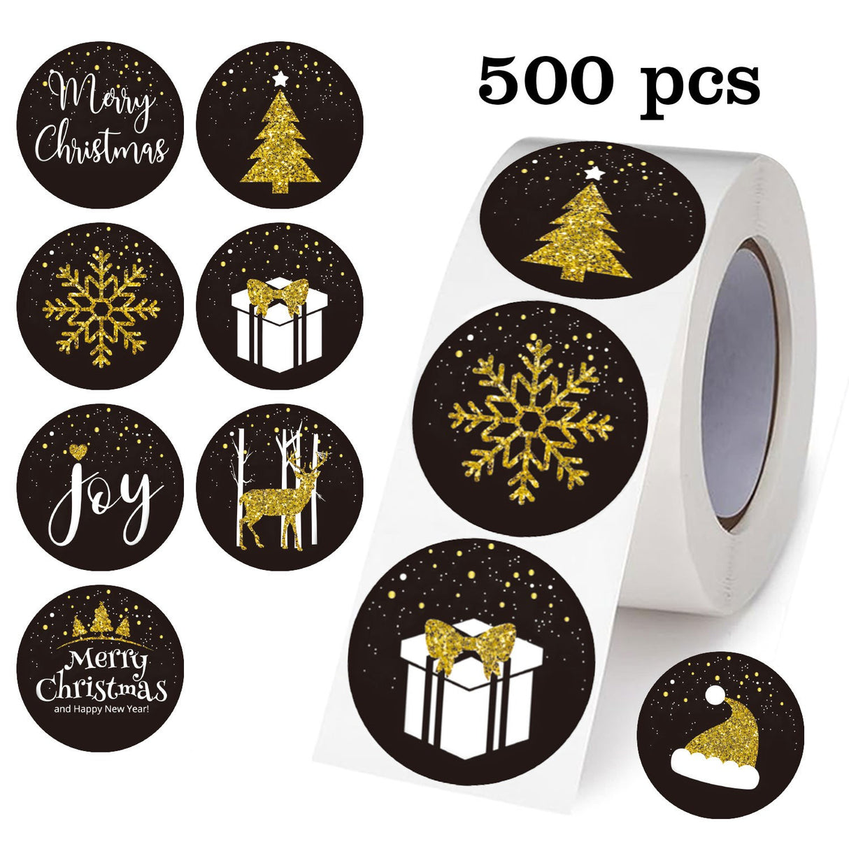 Klistermærkerulle med 500 stk. - 7 Unikke Designs - Jul / Guld