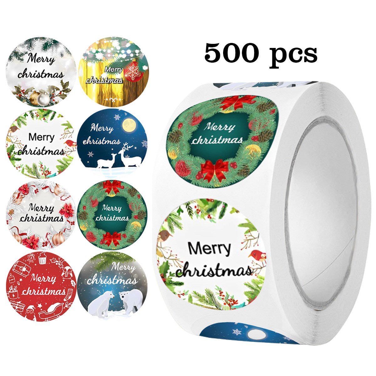 Klistermærkerulle med 500 stk. - 8 Unikke Designs - Merry Christmas