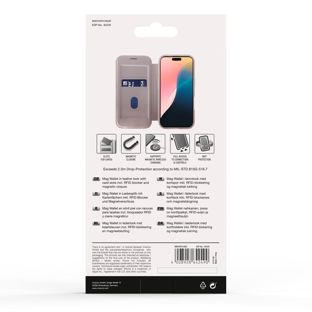 iPhone 16 Vivanco Classic Wallet Leather Flip Cover m. Lommebok - MagSafe-kompatibel - Greige