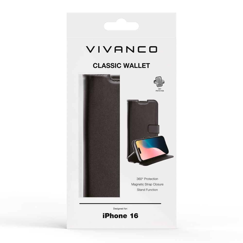 iPhone 16 Vivanco Classic Wallet Leather Flip Cover m. Lommebok - Svart
