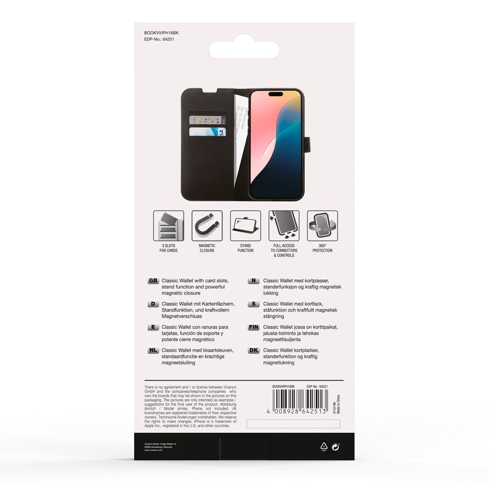 iPhone 16 Vivanco Classic Wallet Leather Flip Cover m. Lommebok - Svart
