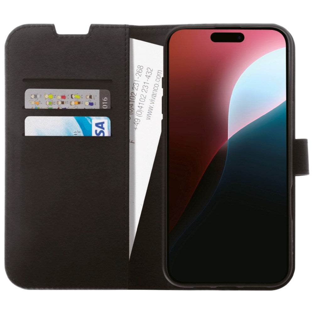 iPhone 16 Pro Vivanco Classic Wallet Leather Flip Cover m. Lommebok - Svart