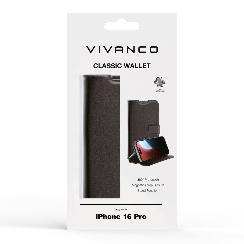 iPhone 16 Pro Vivanco Classic Wallet Leather Flip Cover m. Lommebok - Svart