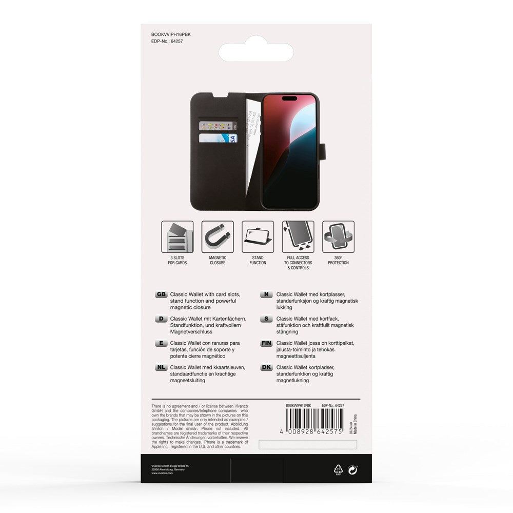 iPhone 16 Pro Vivanco Classic Wallet Leather Flip Cover m. Lommebok - Svart