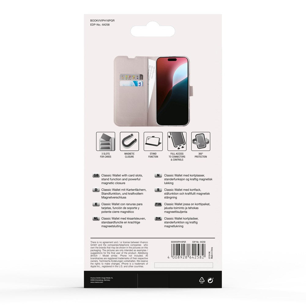 iPhone 16 Pro Vivanco Classic Wallet Leather Flip Cover m. Lommebok - Greige