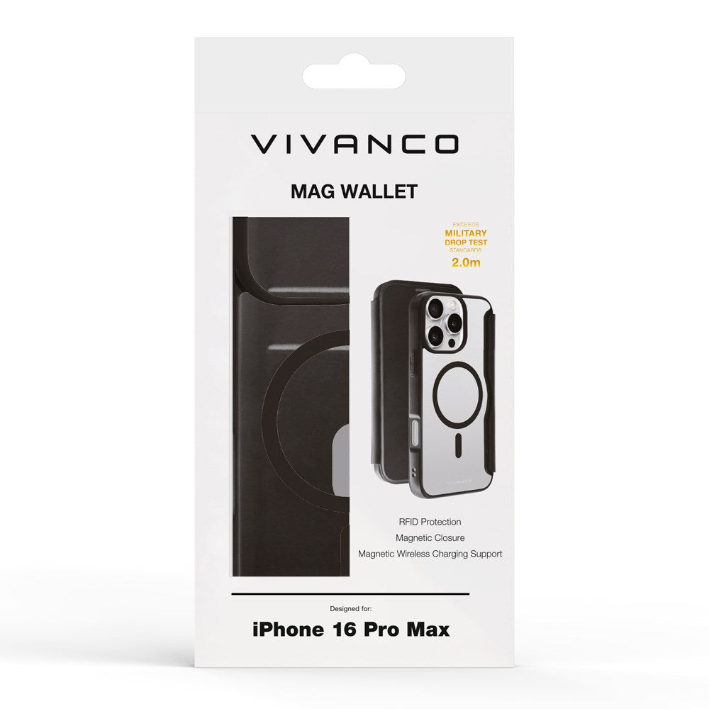 iPhone 16 Pro Max Vivanco Classic Wallet Leather Flip Cover m. Lommebok - MagSafe-kompatibel - Svart