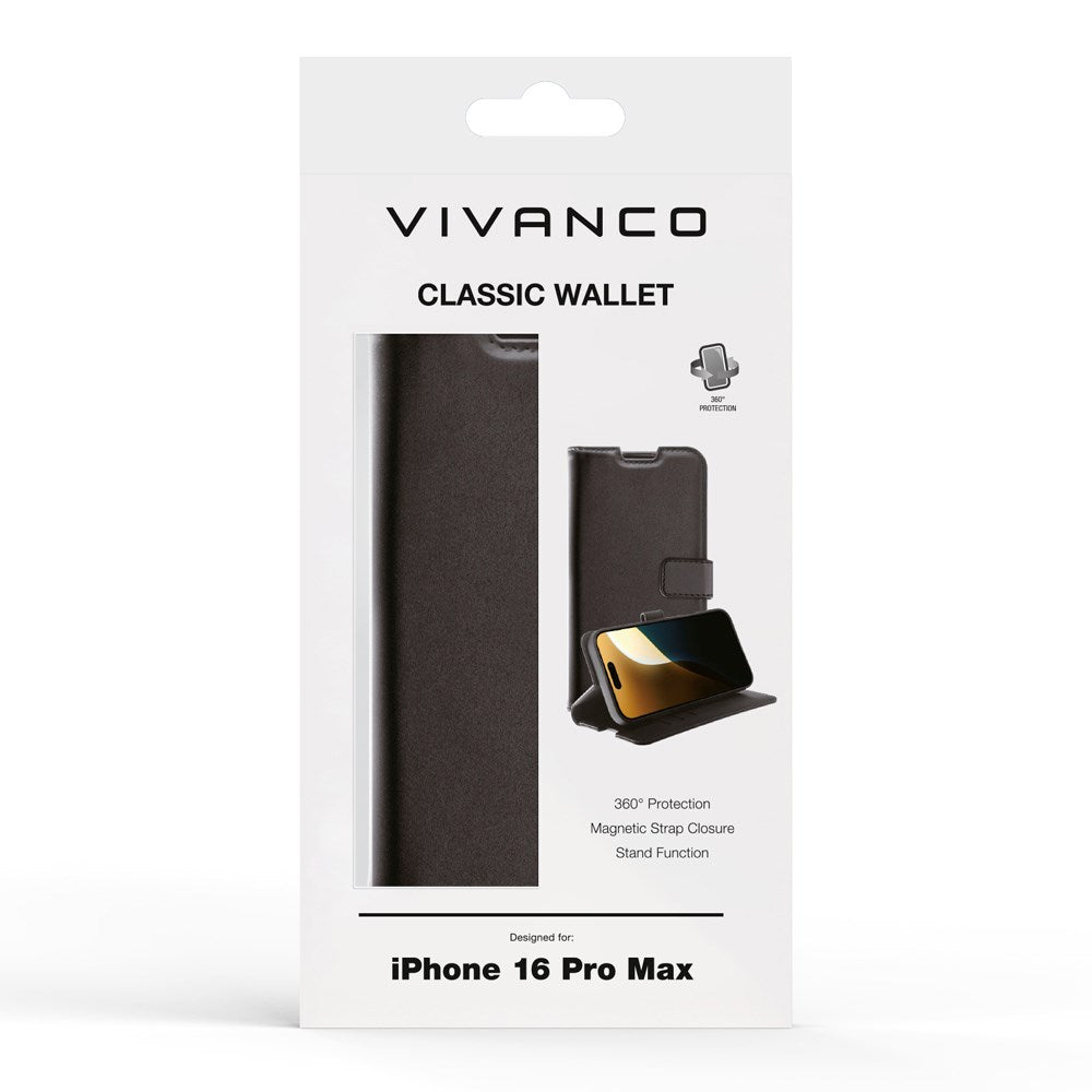 iPhone 16 Pro Max Vivanco Classic Wallet Leather Flip Cover m. Lommebok - Svart