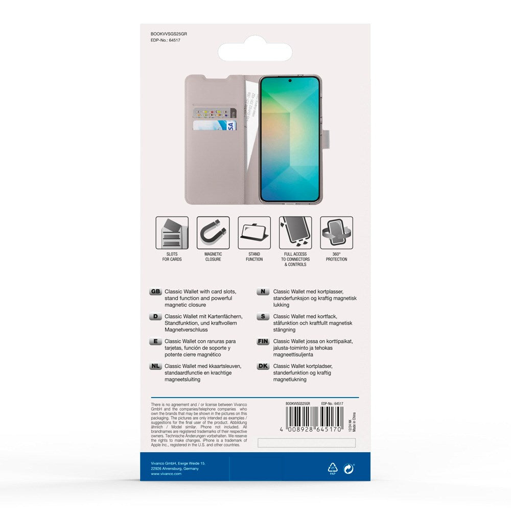 Samsung Galaxy S25 Vivanco Classic Wallet Flip Cover m. Kortholder - Greige