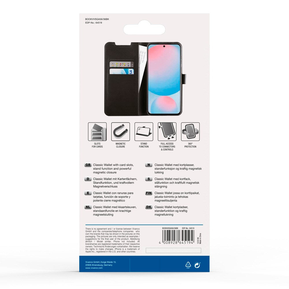 Vivanco Classic Wallet Flip Cover m. Lommebok - Samsung Galaxy A56 (5G) / A36 (5G) - Svart