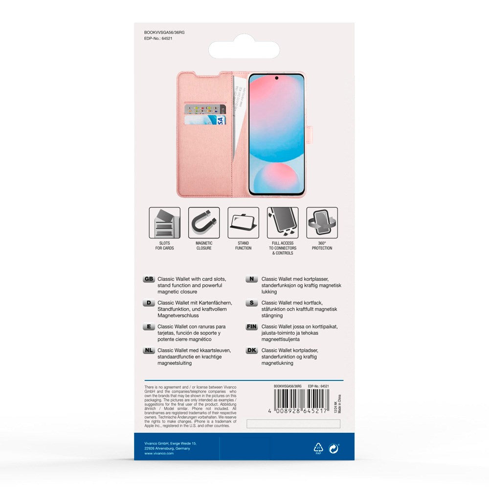 Vivanco Classic Wallet Flip Cover m. Lommebok - Samsung Galaxy A56 (5G) / A36 (5G) - Rosa