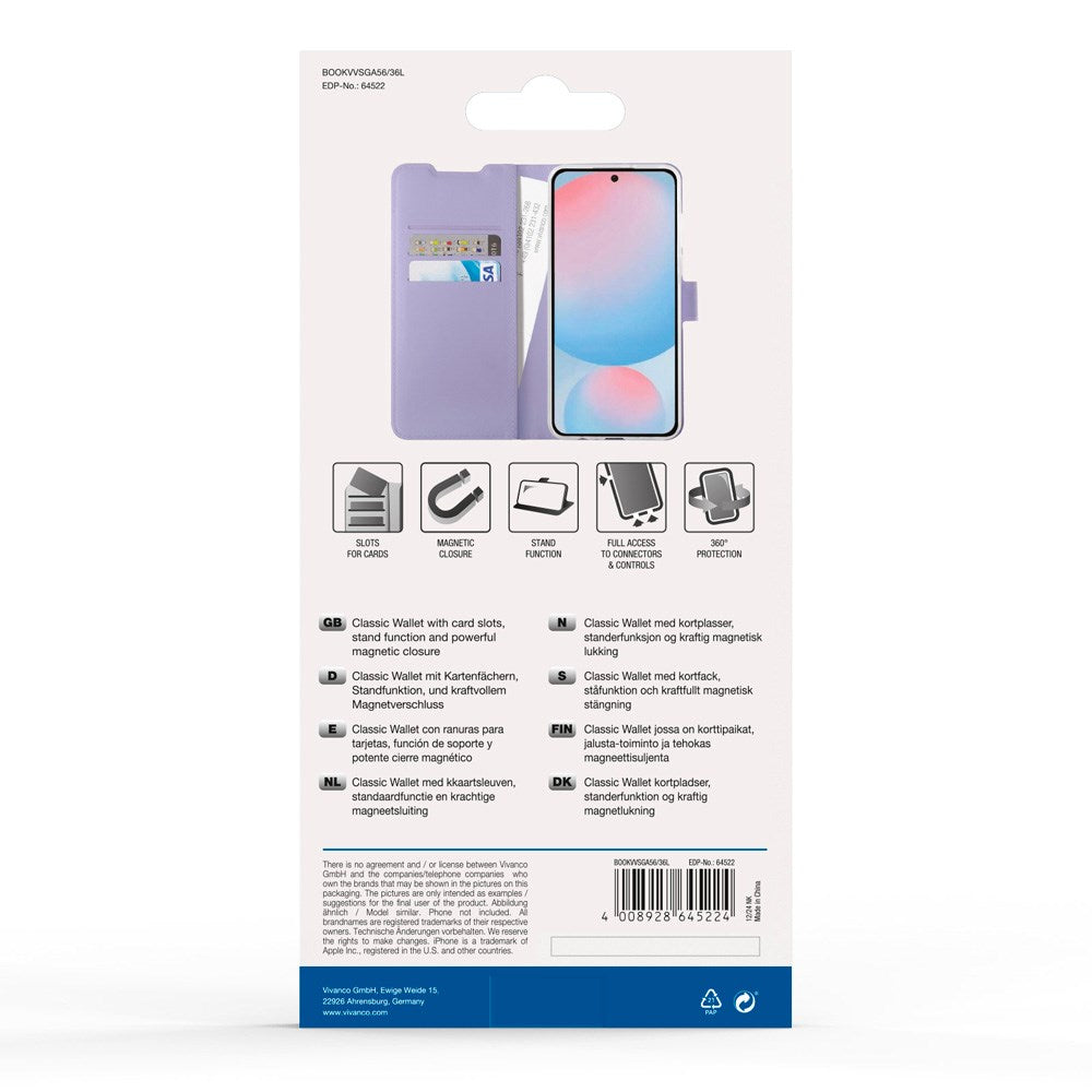 Vivanco Classic Wallet Flip Cover m. Lommebok - Samsung Galaxy A56 (5G) / A36 (5G) - Lilla