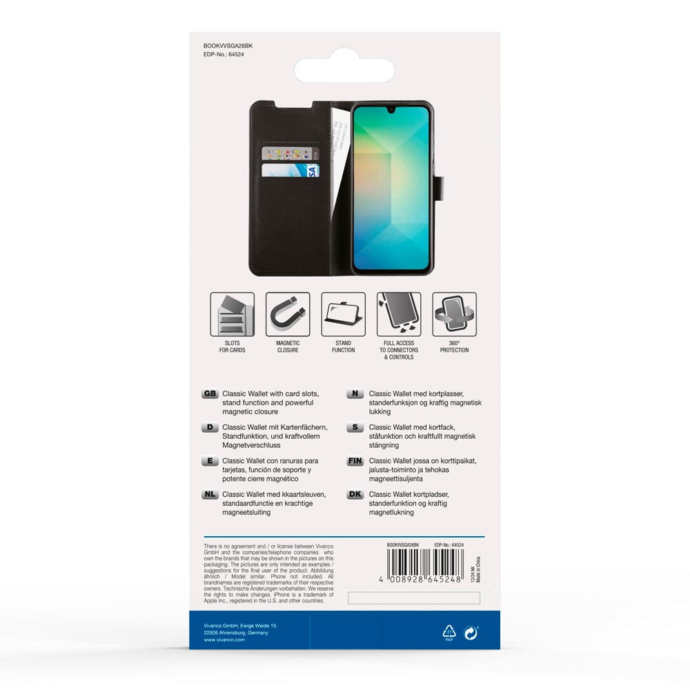 Vivanco Classic Wallet Flip Cover m. Lommebok - Samsung Galaxy A26 (5G) - Svart