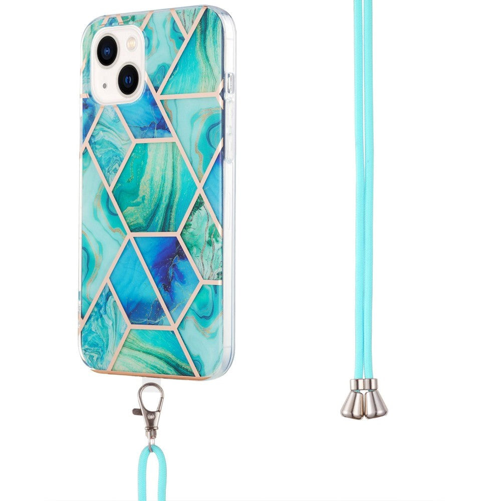 iPhone 14 Plus Fleksibel Plastik Bagside Cover m. Snor - Marmor - Grøn