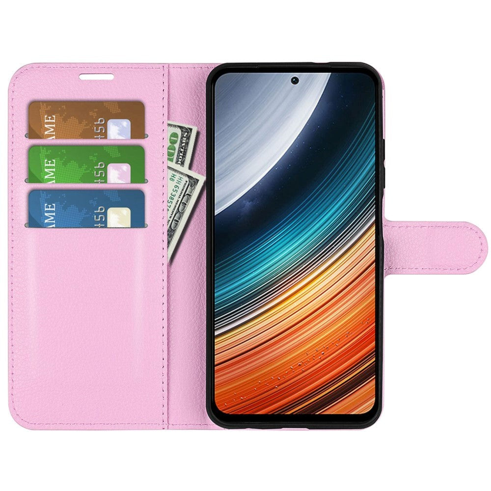 Xiaomi Poco F4 Litchi Leather Flip Cover m. Lommebok - Rosa