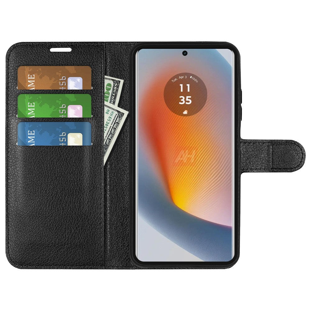 EIDERWOOD Motorola Edge 50 Fusion Litchi Leather Flip Cover m. Lommebok - Svart