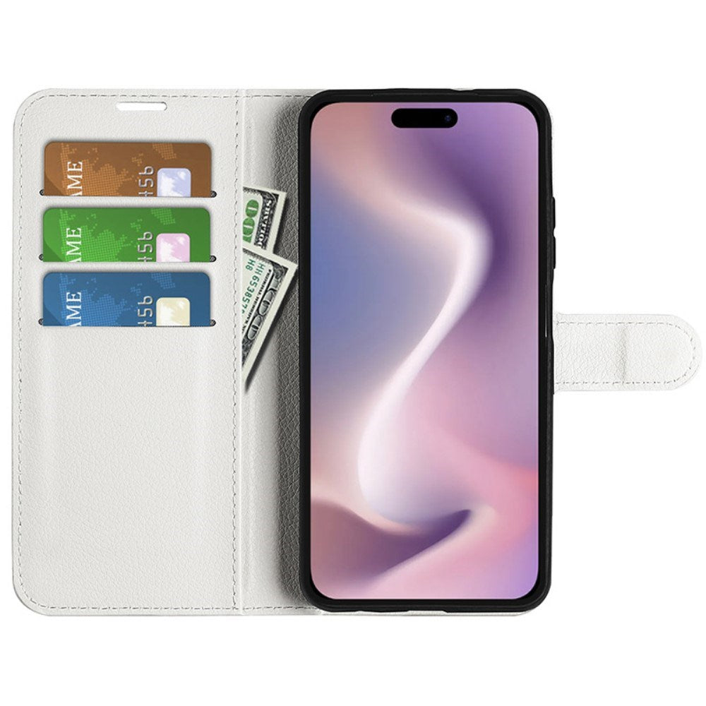 EIDERWOOD iPhone 16 Litchi Leather Flip Cover m. Lommebok - Hvit
