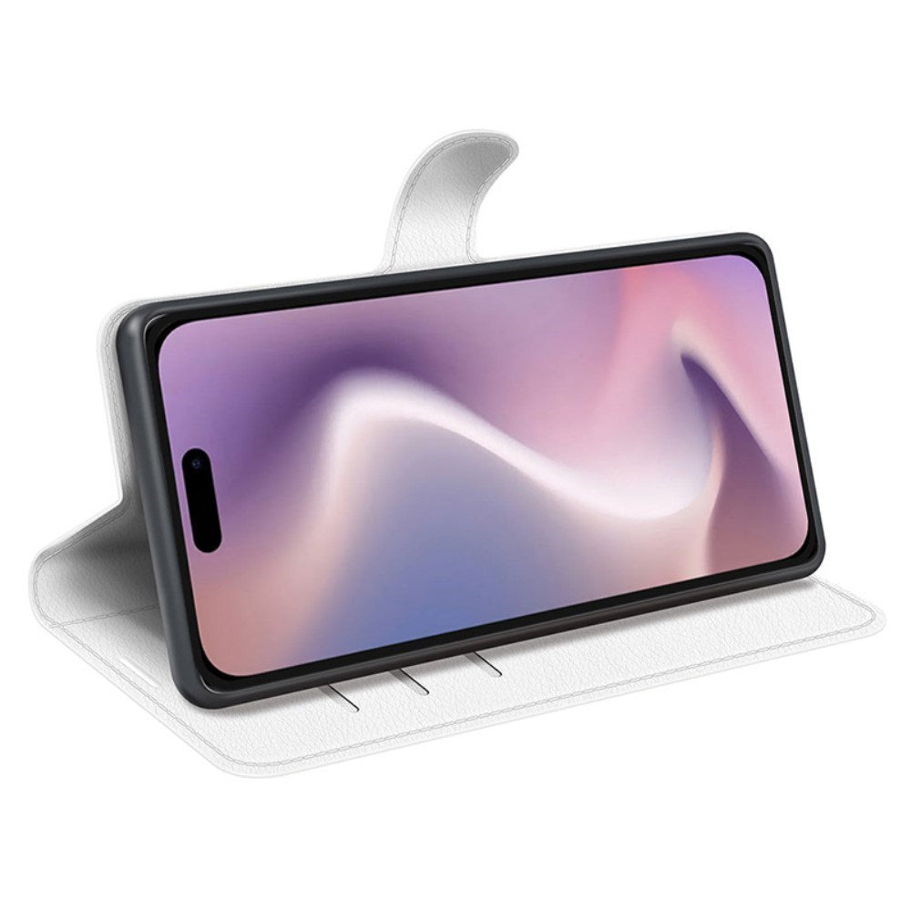 EIDERWOOD iPhone 16 Litchi Leather Flip Cover m. Lommebok - Hvit