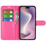 EIDERWOOD iPhone 16 Litchi Leather Flip Cover m. Lommebok - Rosa
