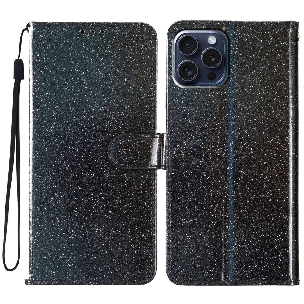 EIDERWOOD iPhone 16 Pro Leather Flip Cover m. Lommebok og stropp - Glitter - Svart