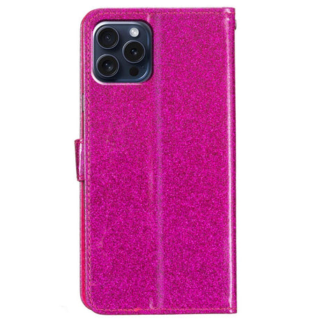 EIDERWOOD iPhone 16 Pro Leather Flip Cover m. Lommebok og stropp - Glitter - Rosa