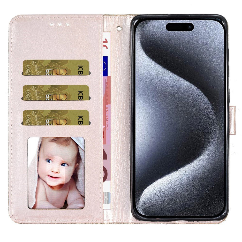 EIDERWOOD iPhone 16 Pro Leather Flip Cover m. Lommebok &amp; stropp - Glitter - Gull