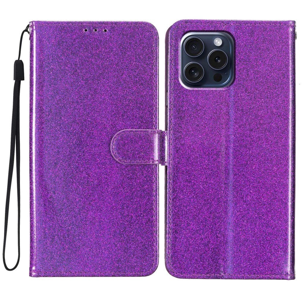 EIDERWOOD iPhone 16 Pro Leather Flip Cover m. Veske og stropp - Glitter - Lilla