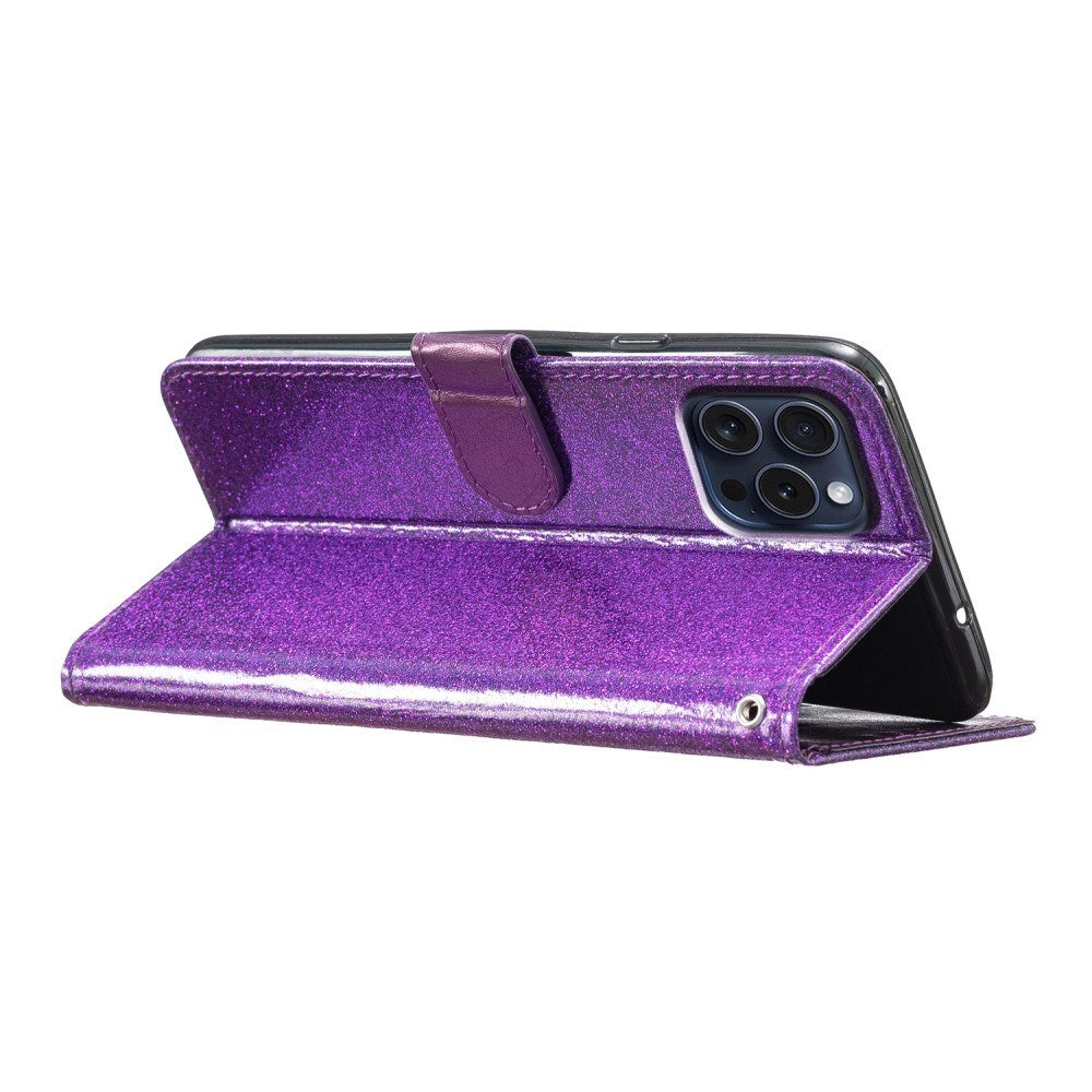 EIDERWOOD iPhone 16 Pro Leather Flip Cover m. Veske og stropp - Glitter - Lilla