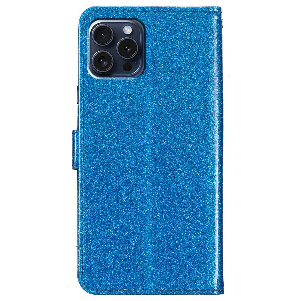 EIDERWOOD iPhone 16 Pro Leather Flip Cover m. Lommebok &amp; stropp - Glitter - Blå