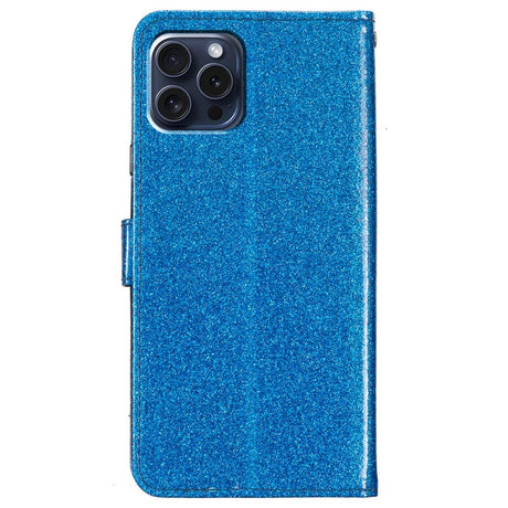 EIDERWOOD iPhone 16 Pro Leather Flip Cover m. Lommebok &amp; stropp - Glitter - Blå