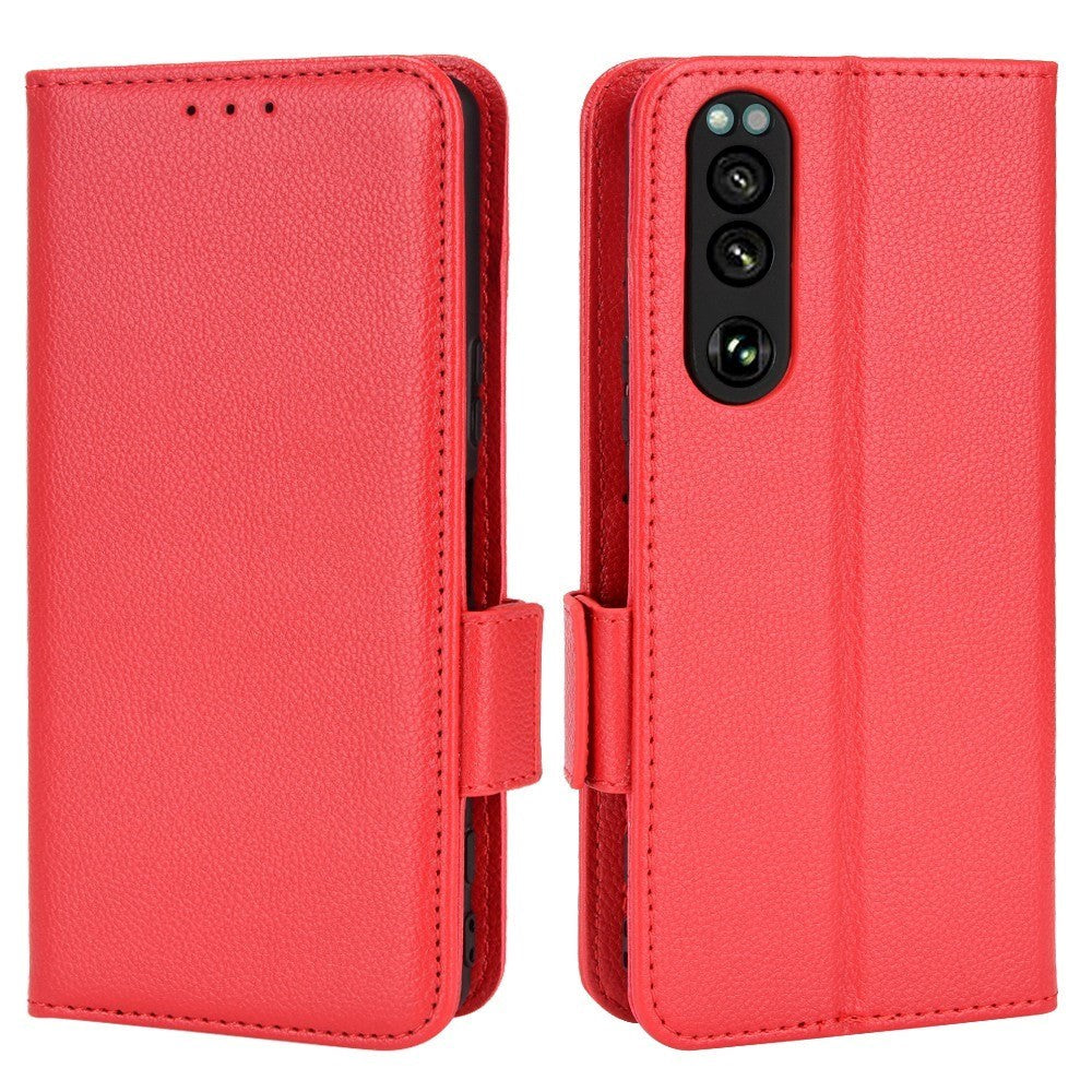 Sony Xperia 5 IV PU Litchi Leather Flip Cover m. Lommebok - Rød