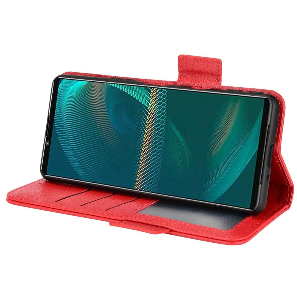 Sony Xperia 5 IV PU Litchi Leather Flip Cover m. Lommebok - Rød