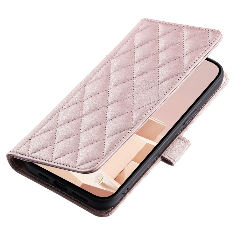 EIDERWOOD iPhone 16 Pro Max Leather Flip Cover m. Veske og stropp - Rhombus - Rose gull