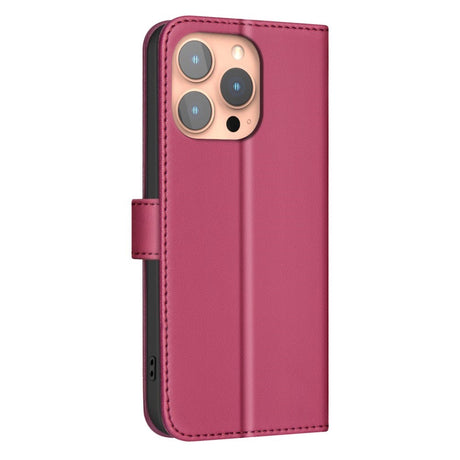 iPhone 16 Pro rutete skinn Flip mobildeksel m. Lommebok og stropp - rød