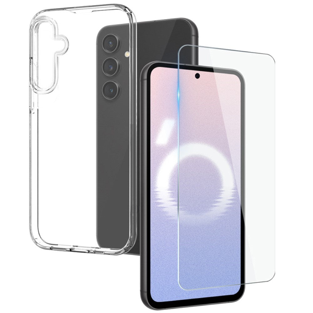 Samsung Galaxy S24 FE 2-i-1 sett herdet glass skjermbeskytter og fleksibelt plastdeksel - gjennomsiktig